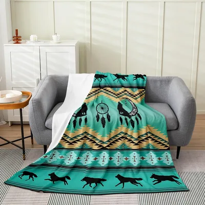 Southwestern Horse Aztec Pattern Blanket: Wolf and Dreamcatcher Design