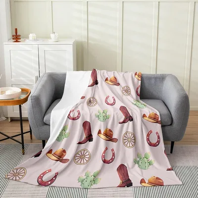 Pink Cowgirl Boots and Horseshoe Pattern Blanket for Western Lovers