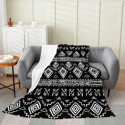 Black and White Tribal Blanket featuring bold Aztec diamond stripes