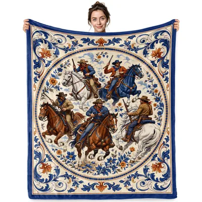Cowboys Riding Vintage Tile Blanket: Western Art Throw
