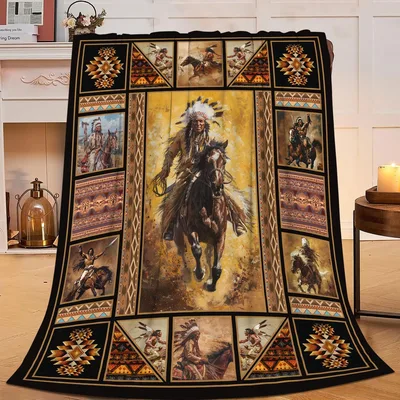 Horse Rider Ornamental Pattern Blanket: Native American Art Design
