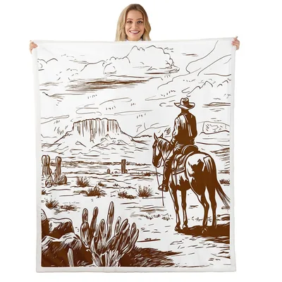 Cowboy on Horse Desert Sketch Blanket: Western Art for Your Sofa