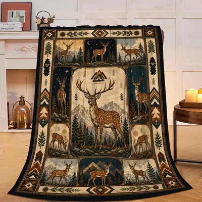 Cabin Deer Woodland Tapestry Blanket featuring rustic stags