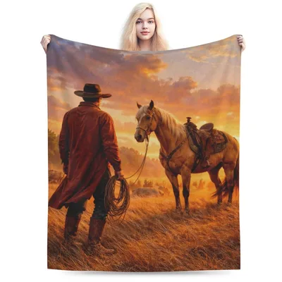 Cowboy and Horse at Sunset Blanket: Western Art for Equestrian Lovers