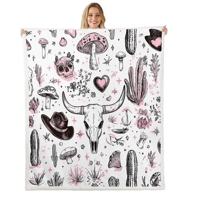 Western Cow Skull Cactus Blanket: Pink Longhorn & Mushroom Print