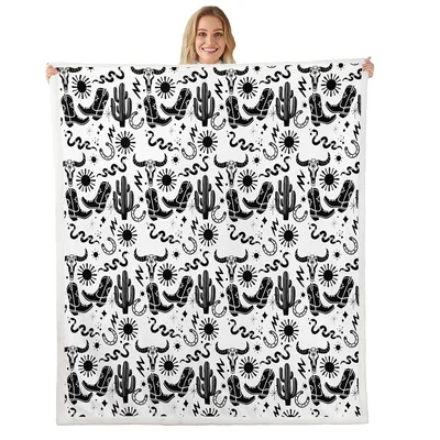 Western Cowboy Horseshoe Pattern Blanket with Boots and Skulls