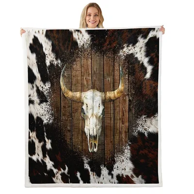 Bull Skull Cowhide Print Blanket: Rustic Western Art for Your Home