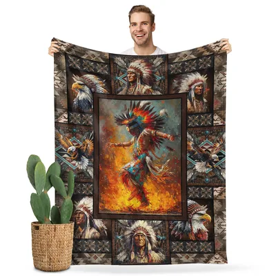Native American Chief Portrait Blanket: Tribal Art and Eagle Motifs