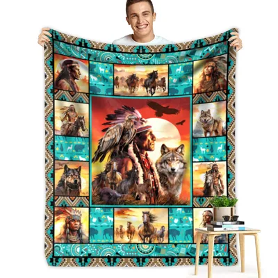Native American Horse Art Blanket: Tribal Headdress and Wolf Design