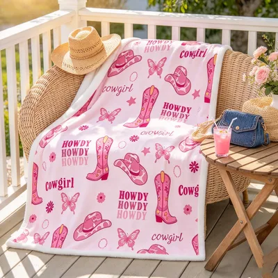 Cowgirl Boots Howdy Pattern Blanket: Pink Western Print for Home Decor