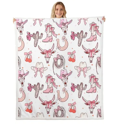 Western Cowgirl Pattern Blanket: Pink Bowknots and Western Icons
