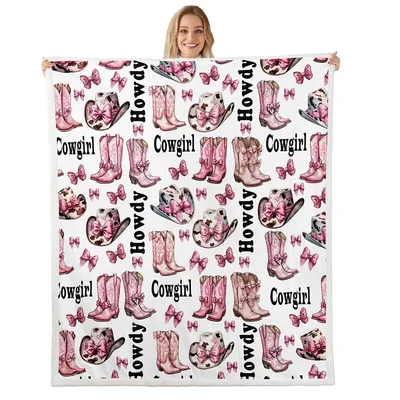 Cowgirl Boots Hats Blanket: Pink Western Print with Bows and Greetings