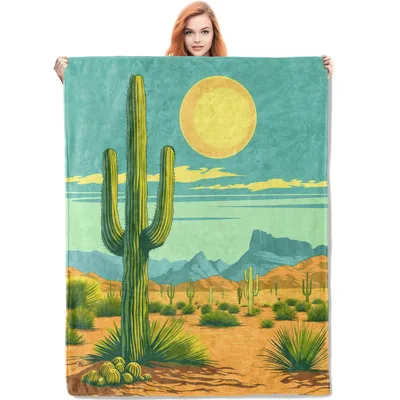 Desert Cactus Sunset Painting Blanket: Southwestern Art for Home
