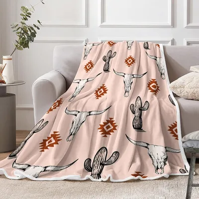 Bull Skull Cactus Boho Blanket: Western Geometric Pattern