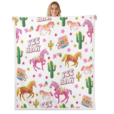 Pink Yee Haw Cowgirl Blanket: Glittery Horse and Cactus Design