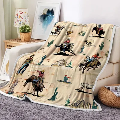 Cowboy Riding Horses Desert Blanket: Wild West Art for Your Sofa