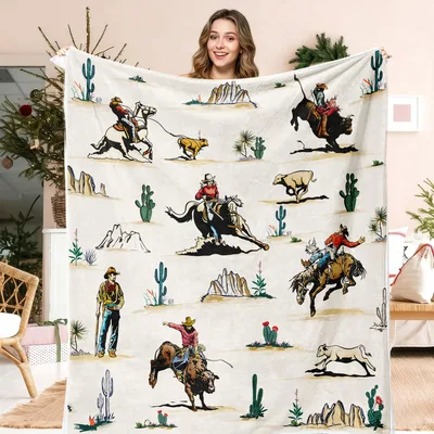 Cowboy Riding Horses Desert Cactus Blanket