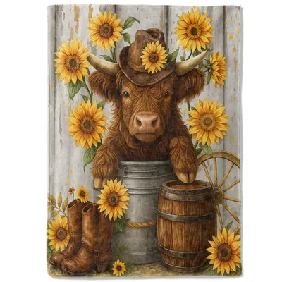 Highland Cow with Sunflowers Blanket: Rustic Farmhouse Art – Design 2