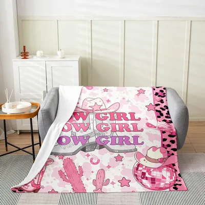 Cowgirl Boots Hats Pattern Blanket featuring pink COWGIRL text