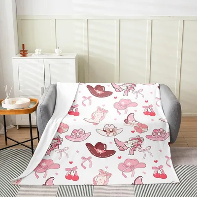 Cowgirl Boots and Hats Blanket: Pink Western Pattern with Bowknots