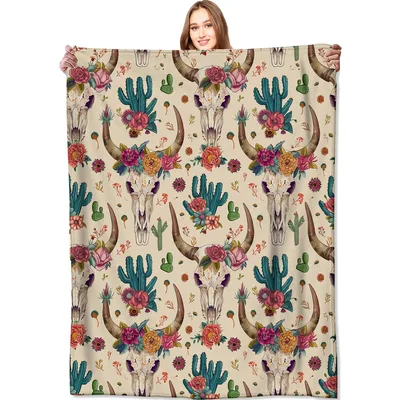 Cow Skull Cactus Western Pattern Blanket: Boho Floral Design