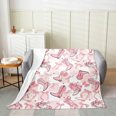 Western Cowgirl Boots Pattern Blanket: Pink Bowknots and Plaid Design