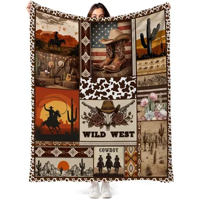 Wild West Cowboy Collage Blanket: Western Art with Boots and Cacti