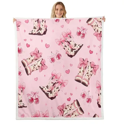 Pink Cowboy Boots Bow Blanket: Western Print with Cherry and Hearts