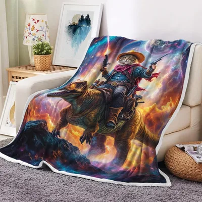 Cowboy Rider Fantasy Art Blanket: Cat Gunslinger on Dinosaur