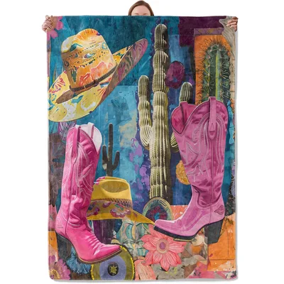 Pink Cowboy Boots Cactus Blanket: Western Art for Your Sofa
