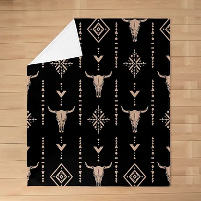 Bull Skull Boho Geometric Blanket featuring stylized cattle skulls