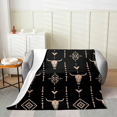 Bull Skull Boho Horns Blanket: Western Geometric Pattern for Home