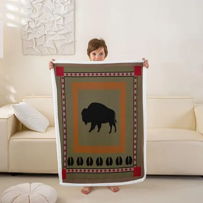 Bison Silhouette Western Border Blanket: Rustic Bison Art