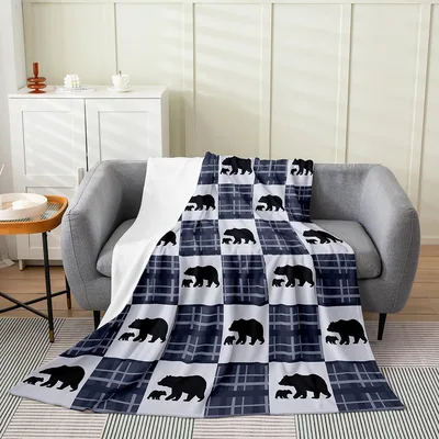 Navy Plaid Bear Silhouettes Blanket: Western Checkered Bear Print