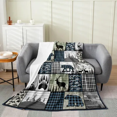 Wildlife Western Cabin Patchwork Blanket for Rustic Home Decor