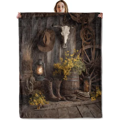 Western Barn Scene Blanket: Rustic Cowboy Boots and Skull Art