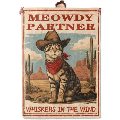 Meowdy Partner Cowboy Cat Blanket: Whiskers in the Wind Western Design