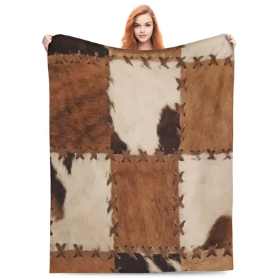 Western Cowhide Patchwork Print Blanket for Rustic Home Decor