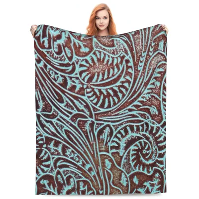 Western Turquoise Tooled Leather Blanket: Southwestern Paisley Design