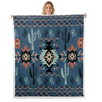 Southwestern Aztec Cactus Pattern Blanket: Tribal Geometric Desert Art