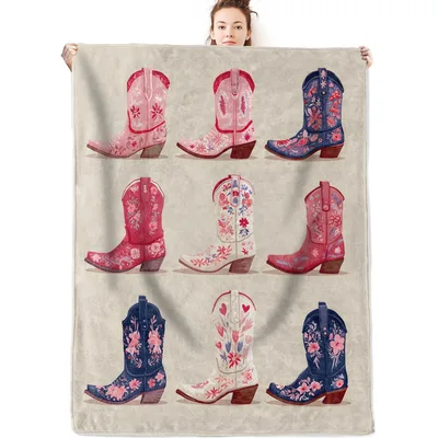 Cowboy Boots Pattern Western Blanket: Floral Cowgirl Design