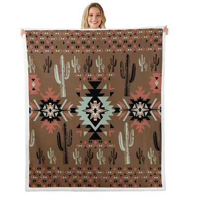 Cactus Aztec Pattern Brown Blanket: Southwestern Geometric Desert Art