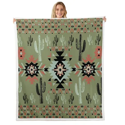 Cactus Aztec Pattern Sage Blanket featuring saguaro cacti
