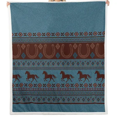 Western Horse Horseshoe Pattern Blanket with Tribal Geometric Design