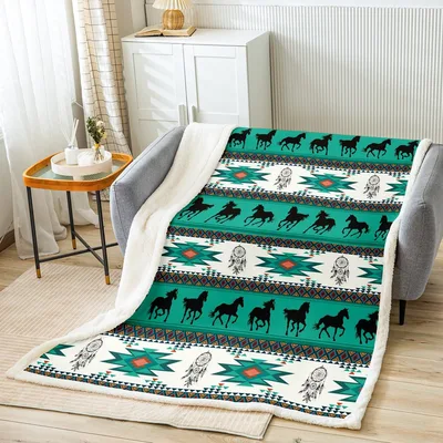 Aztec Horse Pattern Stripes Blanket featuring black horse silhouettes