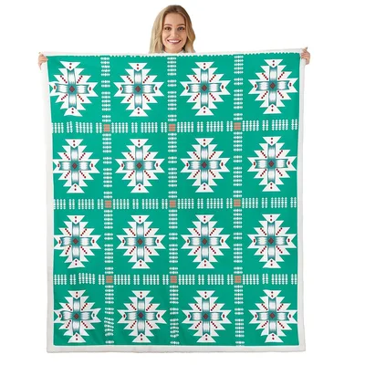 Green and White Aztec Blanket featuring bold teal geometric stars