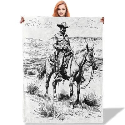 Cowboy on Horse Sketch Blanket: Western Art for Your Living Space