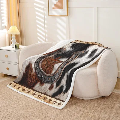 Cowhide Horseshoe Western Print Blanket for Rustic Home Decor