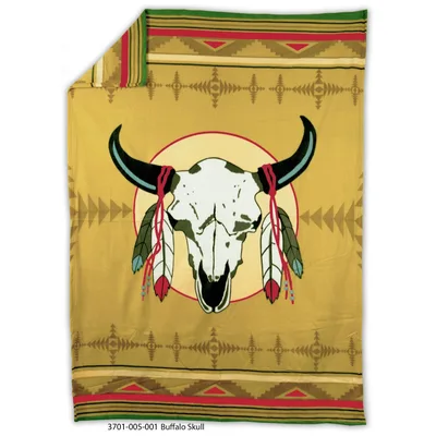 Buffalo Skull Native Style Blanket: Western Art with Feathers