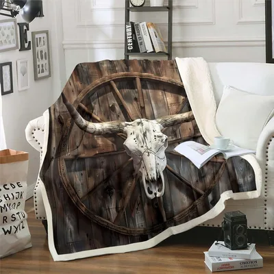Cow Skull Wagon Wheel Blanket: Rustic Western Art for Your Home